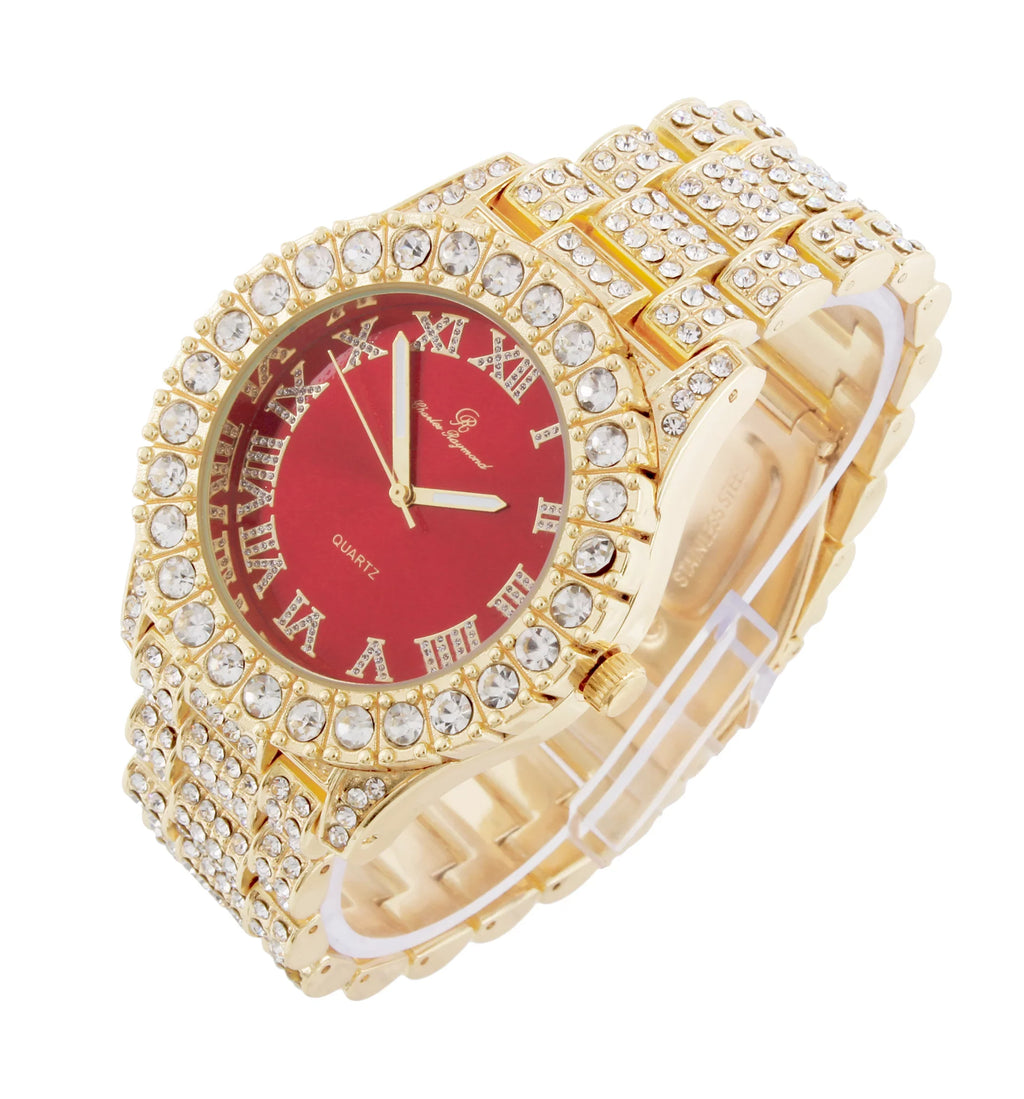 Charles Raymond Ice on Blast! Blinged Out Hip Hop Rolly Looks with Iced Out Wristwatch Trim and Band with Matching Zig Zag Bling'ed Out Necklace Sets -  Necklace Sets - Gold - Red