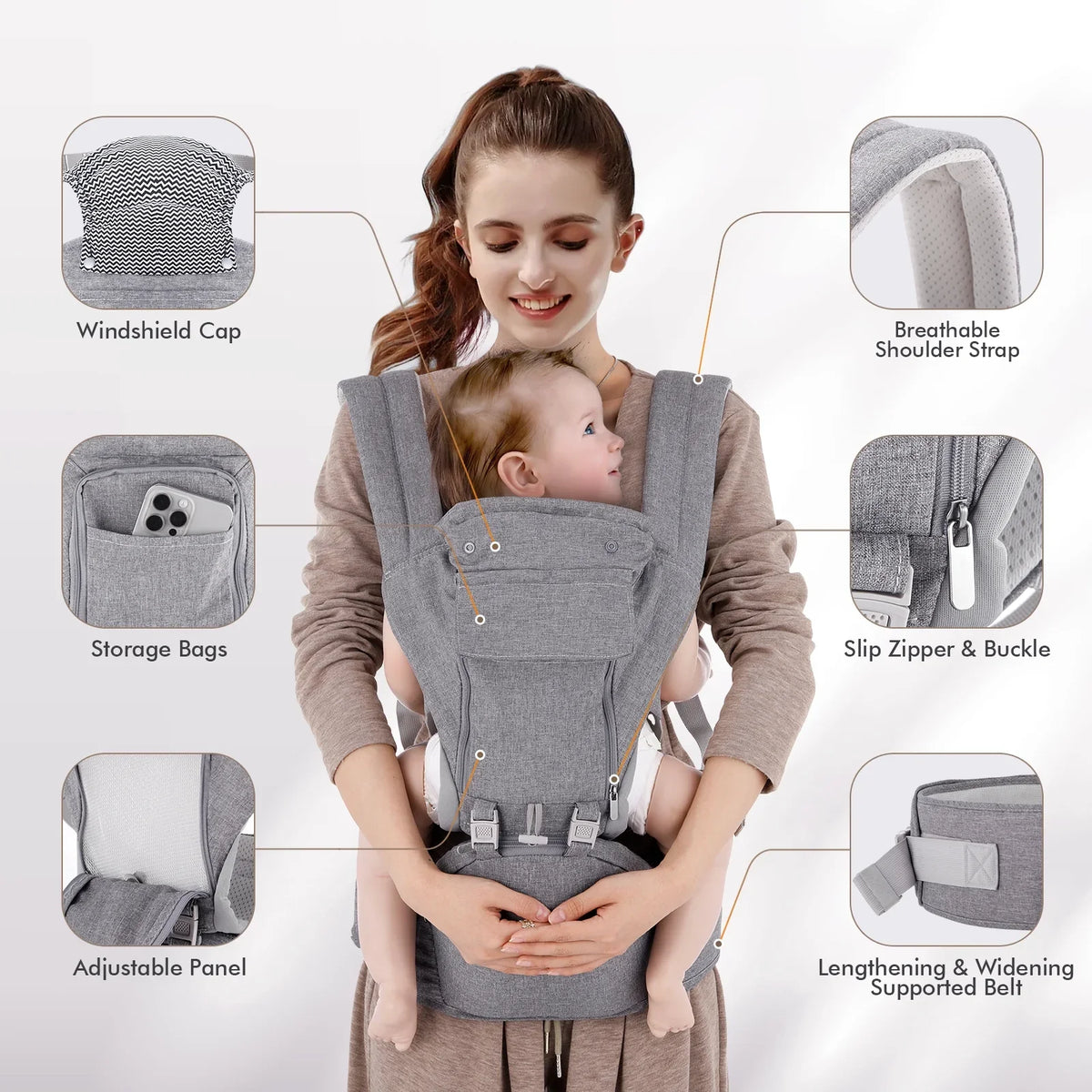 Baby Carrier Newborn to Toddler 9-in-1 Toddler Carrier with Hip Seat Lumbar Support All Seasons & Positions Perfect for Hiking Shopping Travelling 3-36 Months 7-40lbs Grey 1.95 Pound