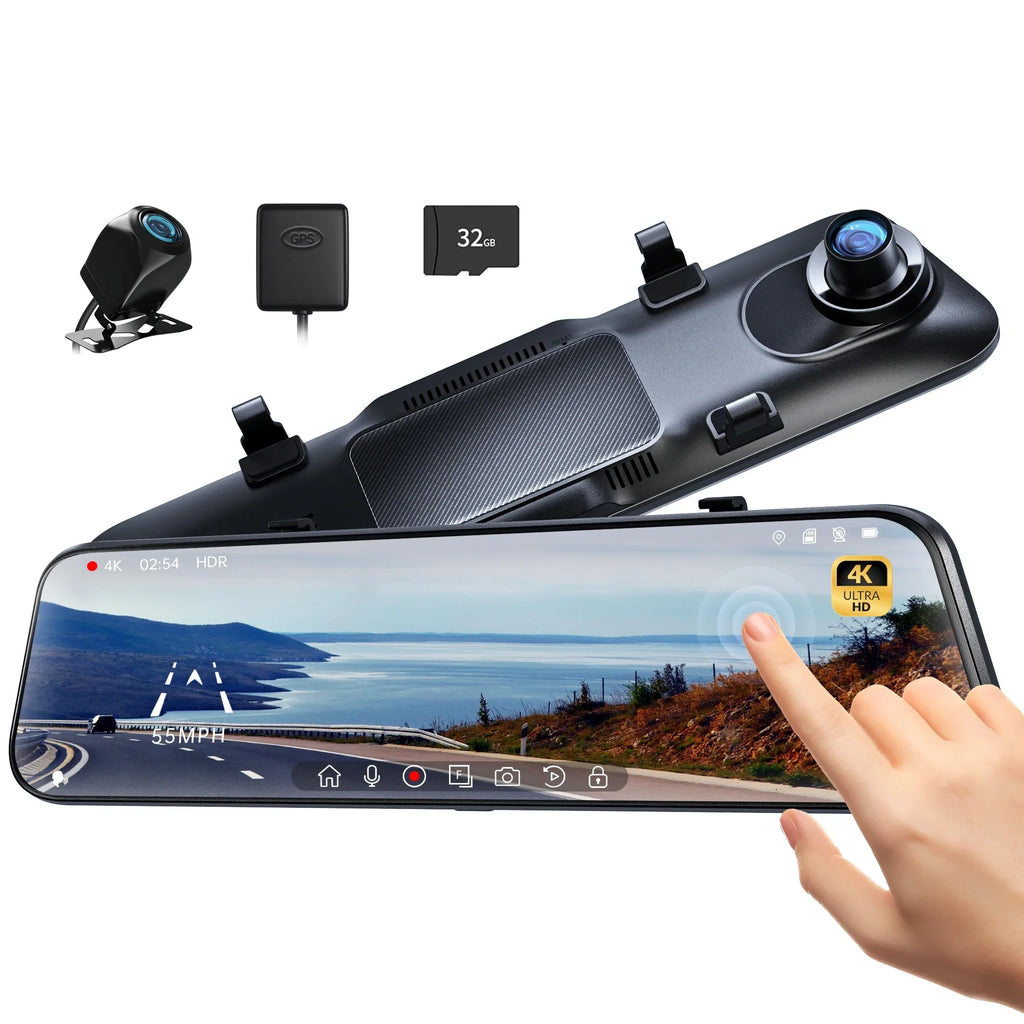 12" 4K Mirror Dash Cam with Backup Camera, 2160P Full  Rearview Mirror Camera, Dual Dash Cam Front and Rear Cameras for Cars, Voice Control, Parking Monitoring, Free 32GB Card &