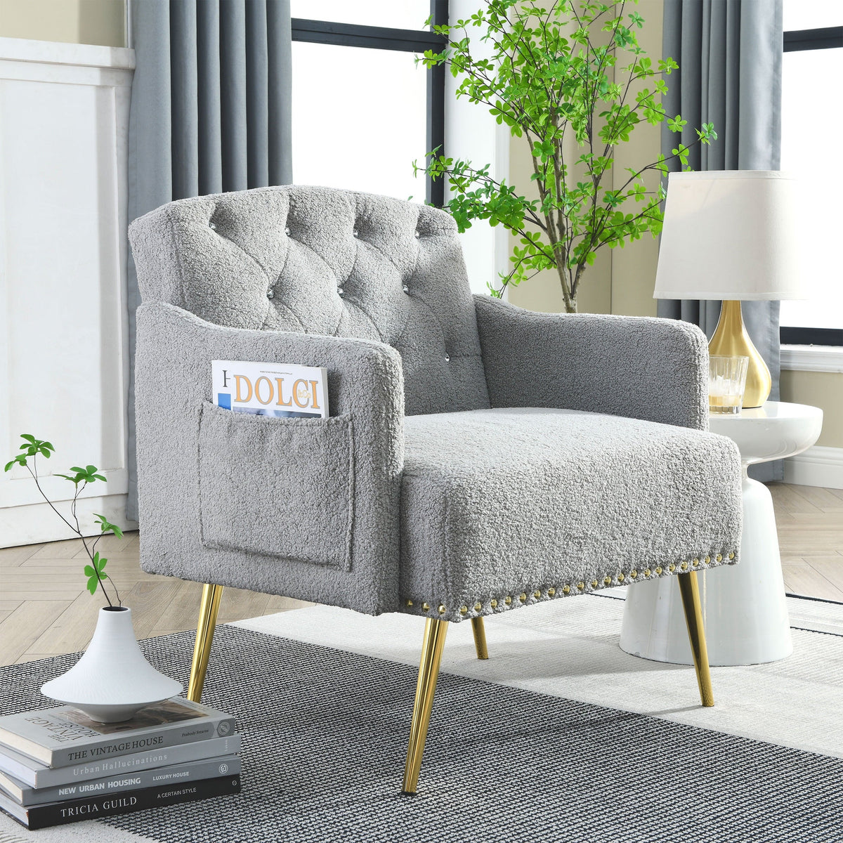 30 " Modern Chesterfield Tufted Upholstered Chair with Deep Buttons, Living Room Chair, Comfortable Armchair, Gold Hardware Legs, Tufted Chair for Reading or Relaxing,