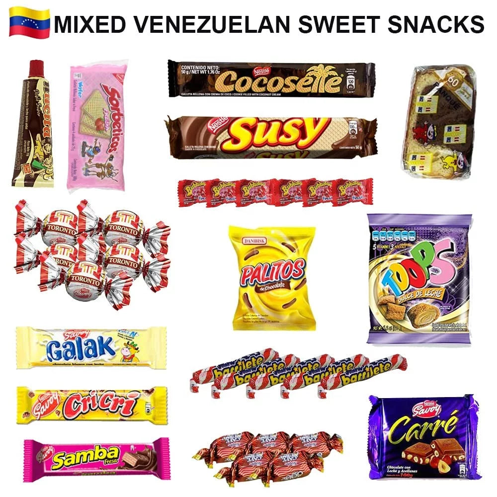Venezuela Food Sweet Snacks Gift Crate Box Assorted Cookies, Chips & Candies Mix Variety Pack Cocosette Susy Toronto Chocolate
