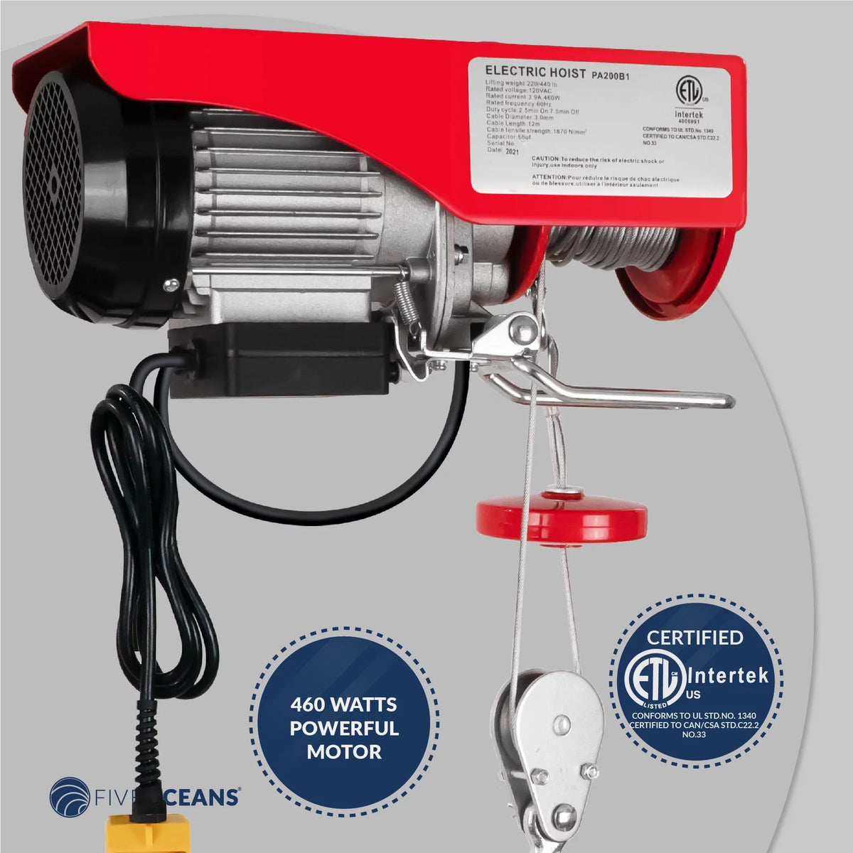 Five Oceans Electric Hoist, Hoist Pulley System, Pulley Hoist, 440 Lb Electric Winch 20FT Remote Control 120 , Includes Working Gloves for Garage, Factory Lifting Emergency Stop Button - -