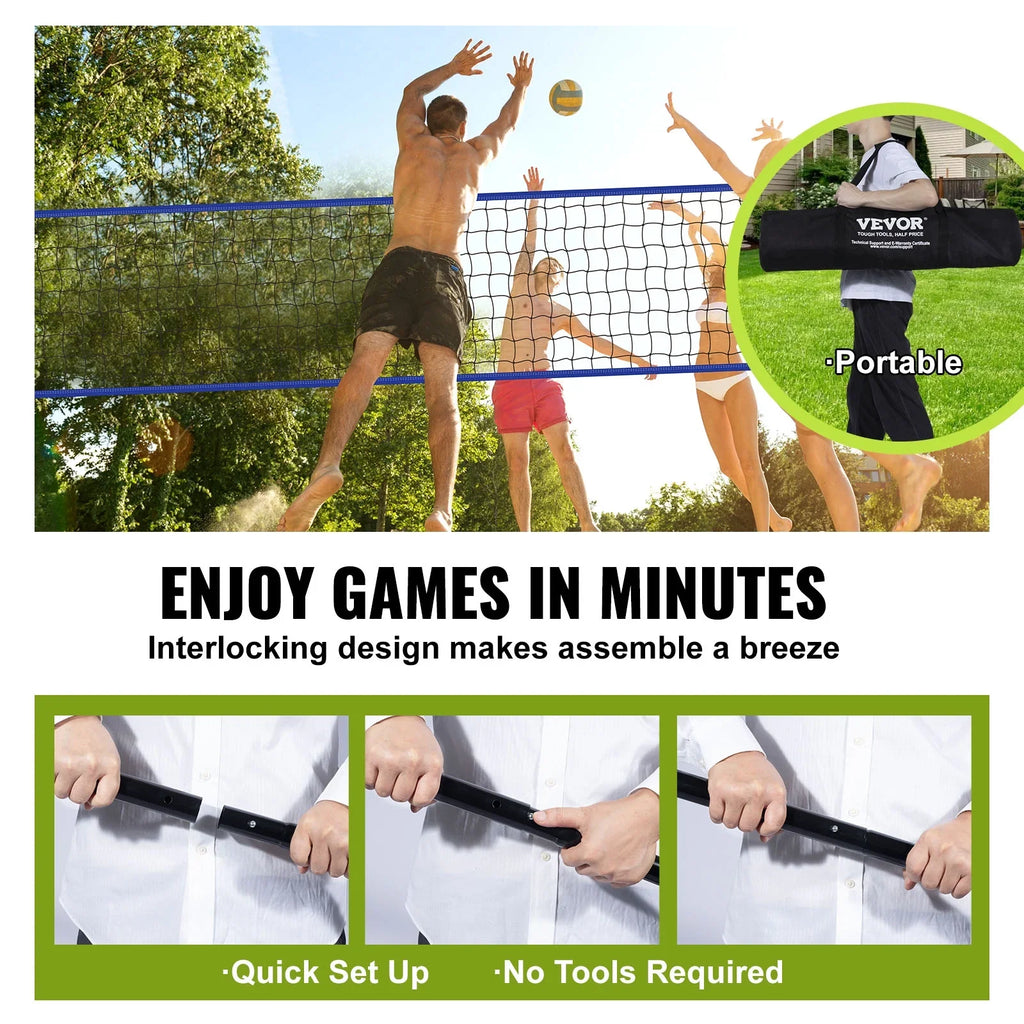 32ft x 3ft Portable Volleyball Net System Adjustable Height Poles with  Volleyball, Carrying Bag, Boundary Lines, Steel Poles & Pump for Outdoor Sports