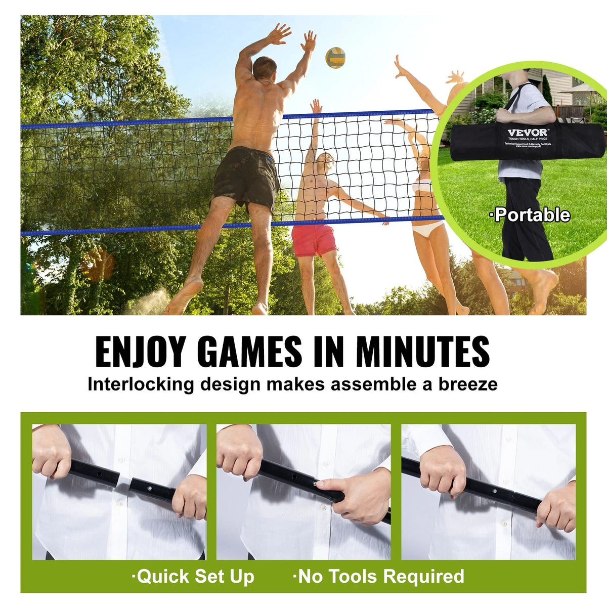 32ft x 3ft Portable Volleyball Net System Adjustable Height Poles with  Volleyball, Carrying Bag, Boundary Lines, Steel Poles & Pump for Outdoor Sports