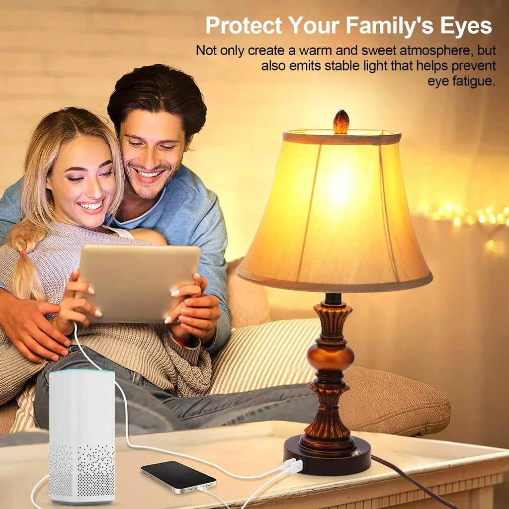 Nictiv Set of 2 Table Lamps, Bedroom Bedside Lamp with 4  Port Touch Control 3-Way Dimmable Nightstand Lamp Traditional Wooden Lamp Sets with 2 Free  Bulbs