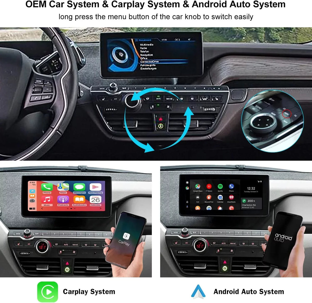 Road Top Wireless Carplay Retrofit Kit Decoder for  i3   System 2012-2017 Year, Support Android Auto, Mirrorlink, Reverse Camera, Original Car Knob Control