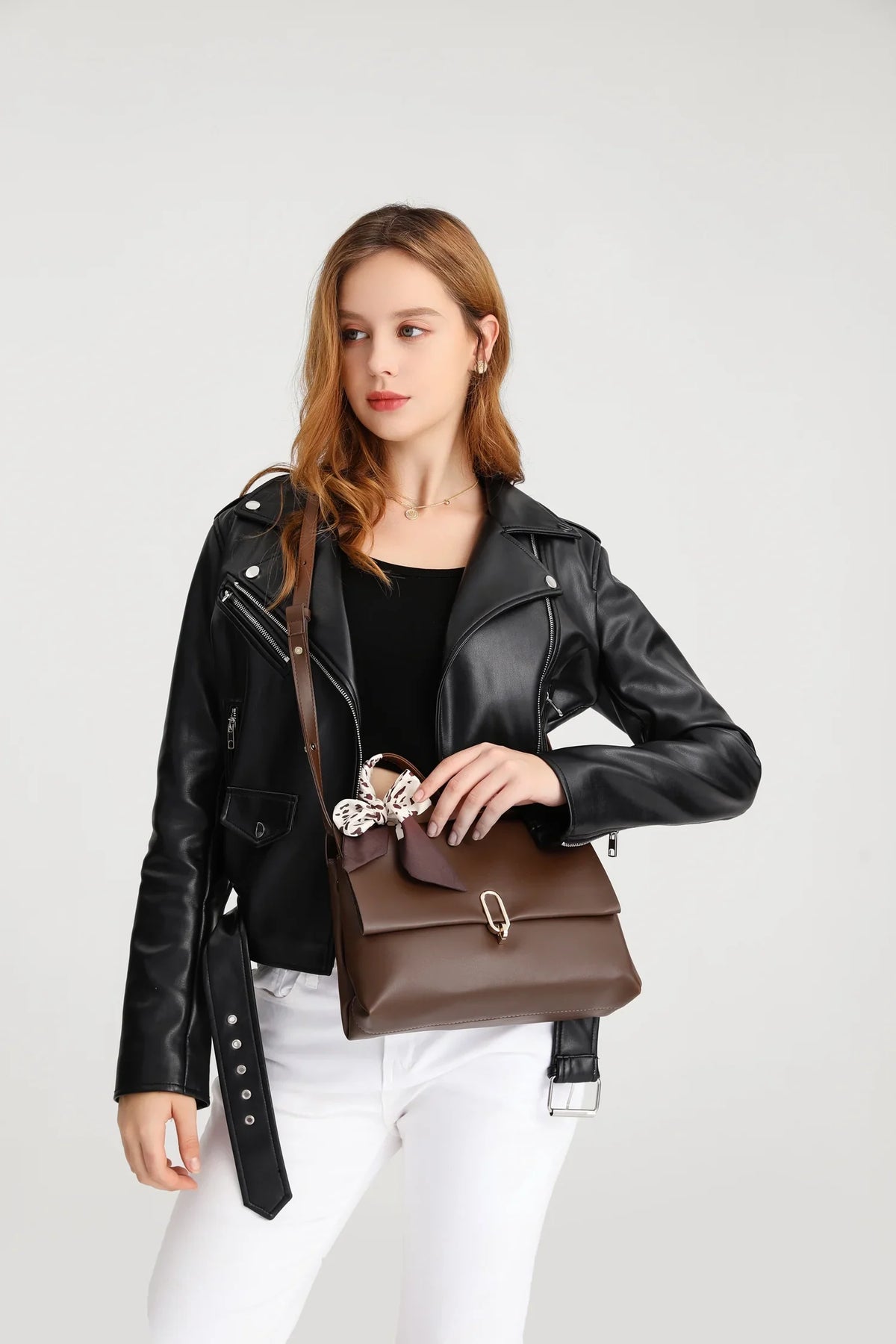 Brown crossbody bags women handbags ladies hand bags square bag Women's Silk Scarf Handle  Leather Flap Shoulder Bag