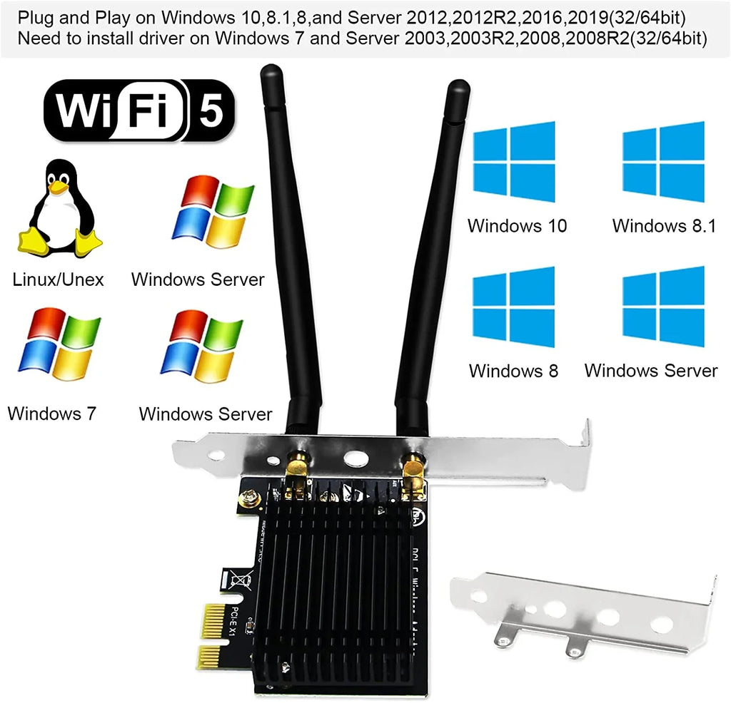 Wireless  Dual Band 1200Mbps 2.4GHz 300Mbps 5GHz 867Mbps  Express WiFi Card for Windows 7 8 8.1 10 Server (32/64bit) Desktop PCs- Beamformee,- and Heatsink Technology