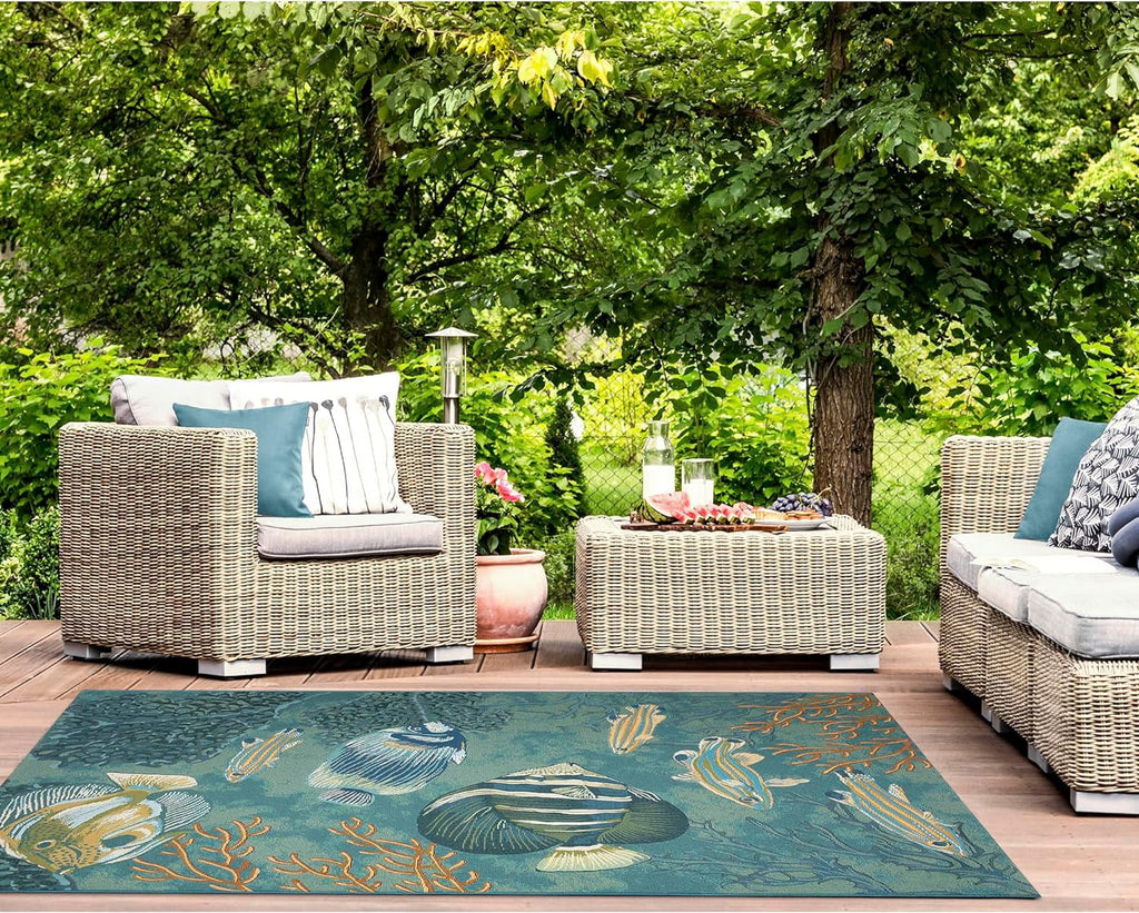 Marina Indoor/Outdoor Power Loomed Synthetic Blend Low Profile Area Rug - Transitional Graphic Coastal Animal Colorful (Fish Aqua) (6'6"  9'4")