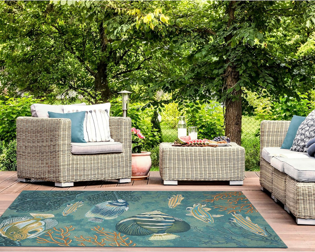 Marina Indoor/Outdoor Power Loomed Synthetic Blend Low Profile Area Rug - Transitional Graphic Coastal Animal Colorful (Fish Aqua) (6'6"  9'4")