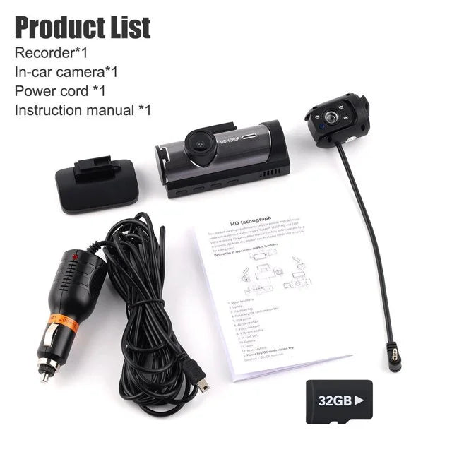 Xhy Car Dash Cam Dual Lens 1080P   Front or Inside Video Camera Driving Recorder Night Vision -Sensor, Motion Detection