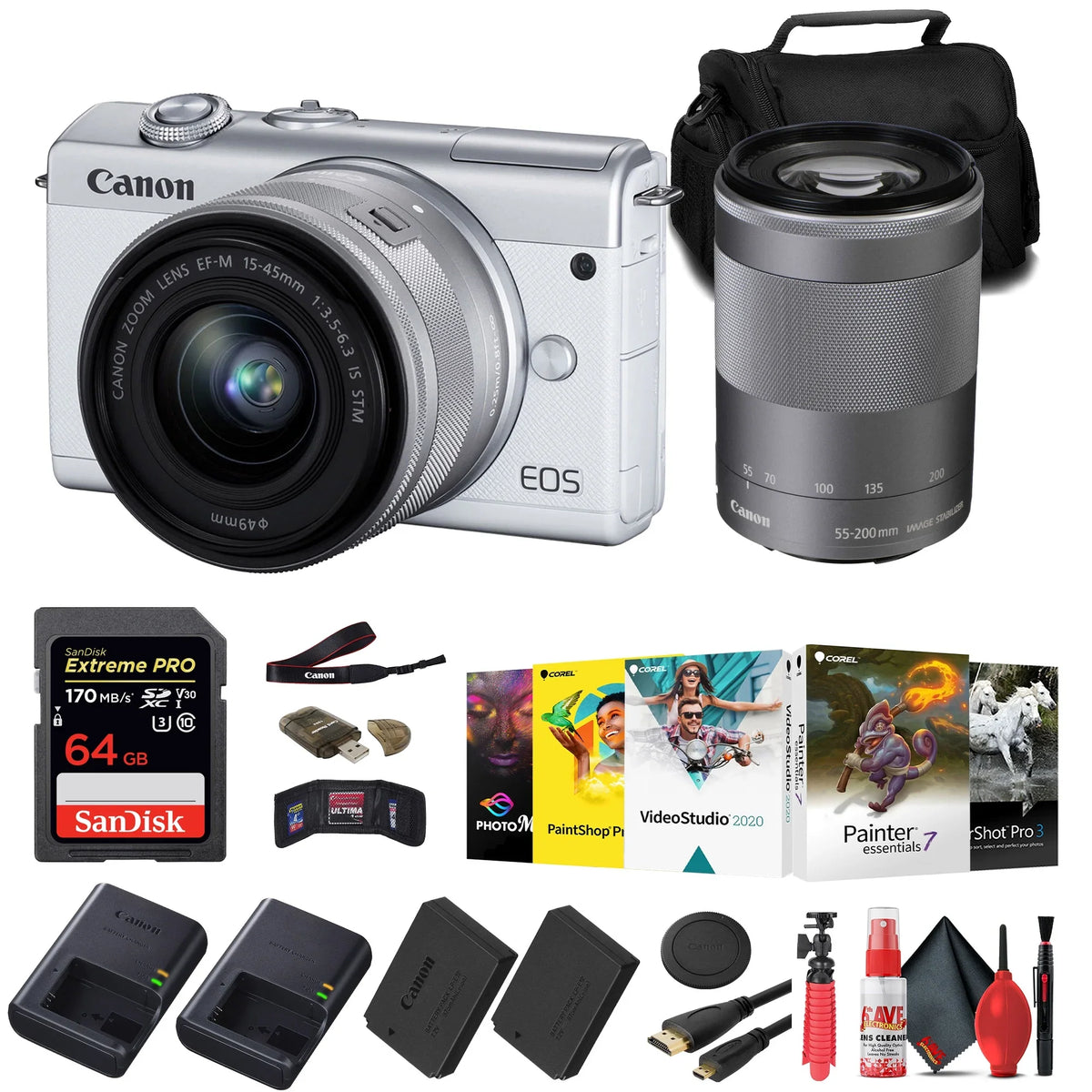 Canon   Mirrorless Camera with 15-45mm and 55-200mm Lenses (White) (3700C009) + 64GB Card + Charger +  Battery + Card Reader + Corel Photo Software +  Cable + Case + More