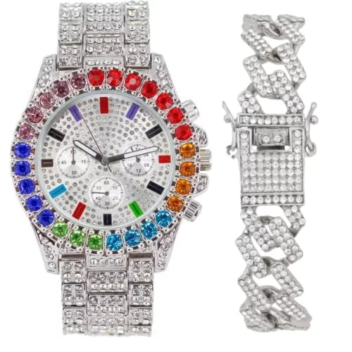Charles Raymond Iced Out Mens Color on Blast Watch Single or Combo Sets with Blinged Out Bracelets Set. Iced Out Colourful Rainbow Flame Collection (- )