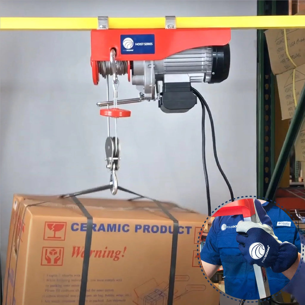 Five Oceans Electric Hoist, Hoist Pulley System, Pulley Hoist, 440 Lb Electric Winch 20FT Remote Control 120 , Includes Working Gloves for Garage, Factory Lifting Emergency Stop Button - -