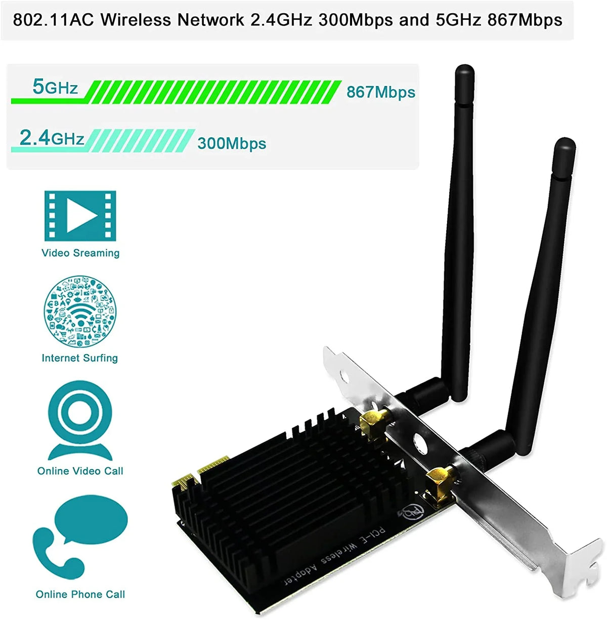 Wireless  Dual Band 1200Mbps 2.4GHz 300Mbps 5GHz 867Mbps  Express WiFi Card for Windows 7 8 8.1 10 Server (32/64bit) Desktop PCs- Beamformee,- and Heatsink Technology
