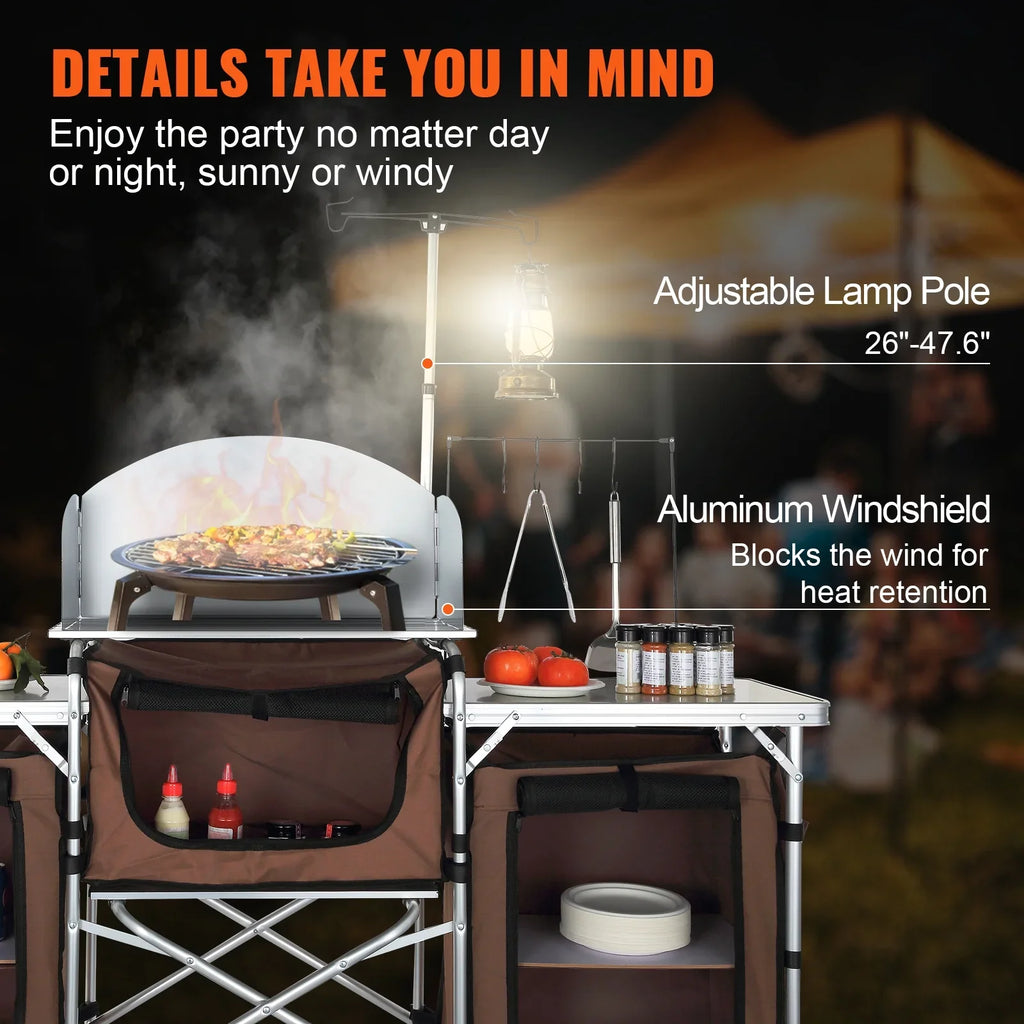 Folding Portable Cook Table 3 Cupboards Brown Camping Kitchen Table