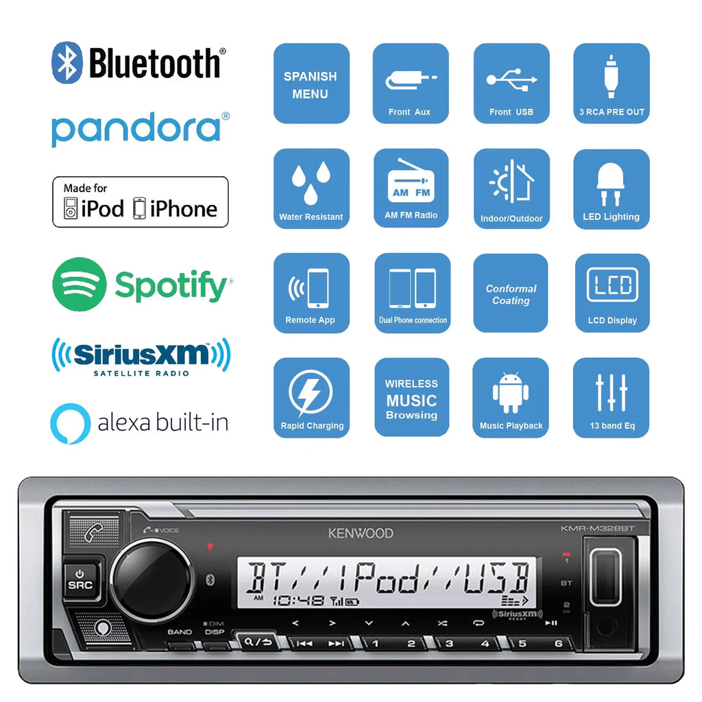 Kenwood - Single  Marine/MotorSports SiriusXM Ready  Bluetooth Digital Media Receiver, 2x 6.75" 2-Way 260 Watts Max Power Marine Black  Speakers, Antenna, Speaker Wire
