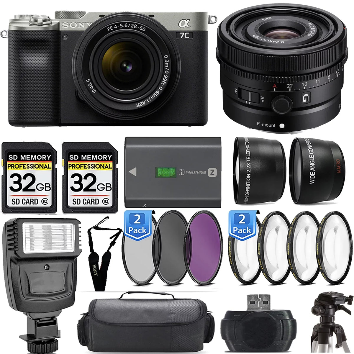 Sony a7C Mirrorless Camera (Silver) with 28-60mm Lens+24mm f/2.8  Lens +Flash- Kit