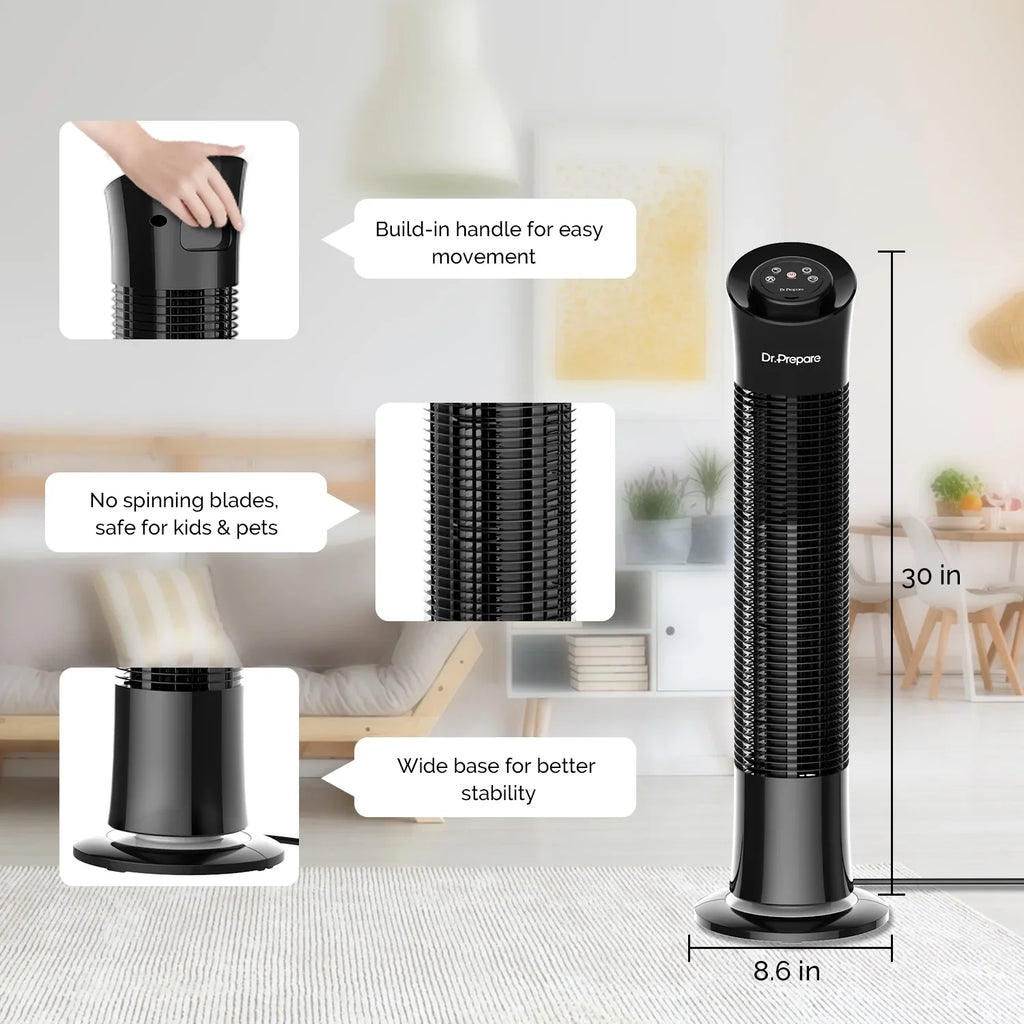 Dr. Prepare 30’’ Oscillation Tower Fan，Portable Stand Floor Fans w/Remote/3 Speeds/7.5h Timer for Home/Office