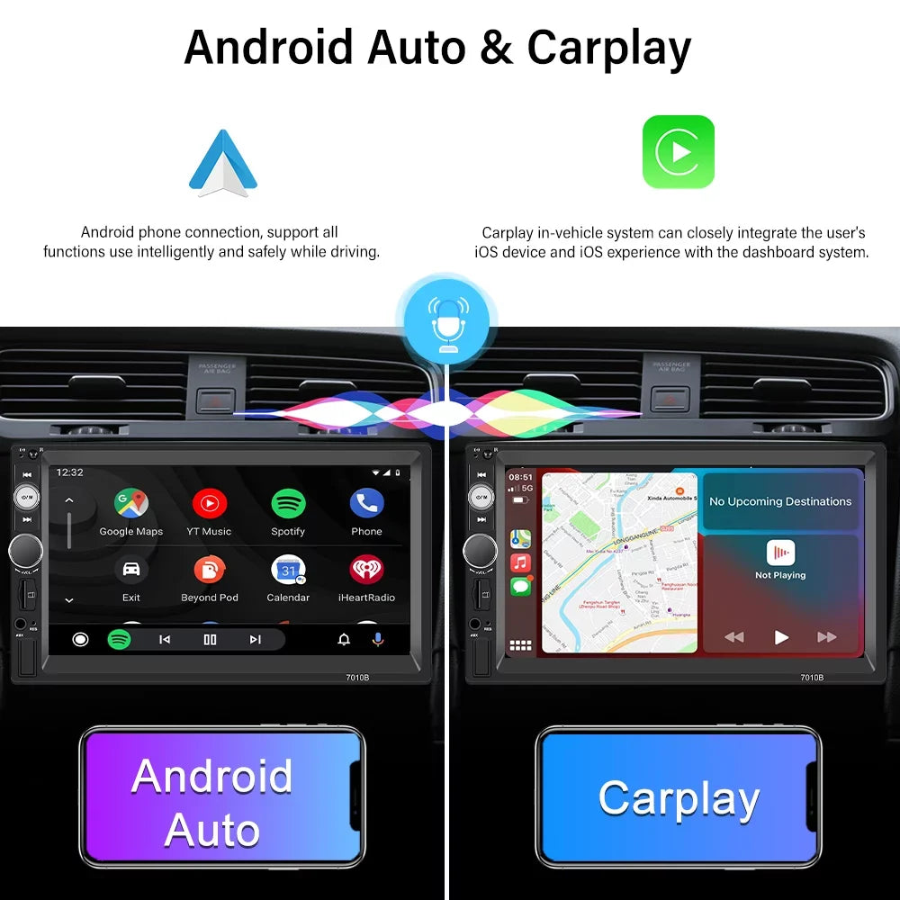 Podofo Double 2 Din 7'' Universal Car Stereo Radio Apple Carplay Android Auto Mirror Link  Touch Screen Car Audio Multimedia Player   Bluetooth  (Rear Camera Not Included)