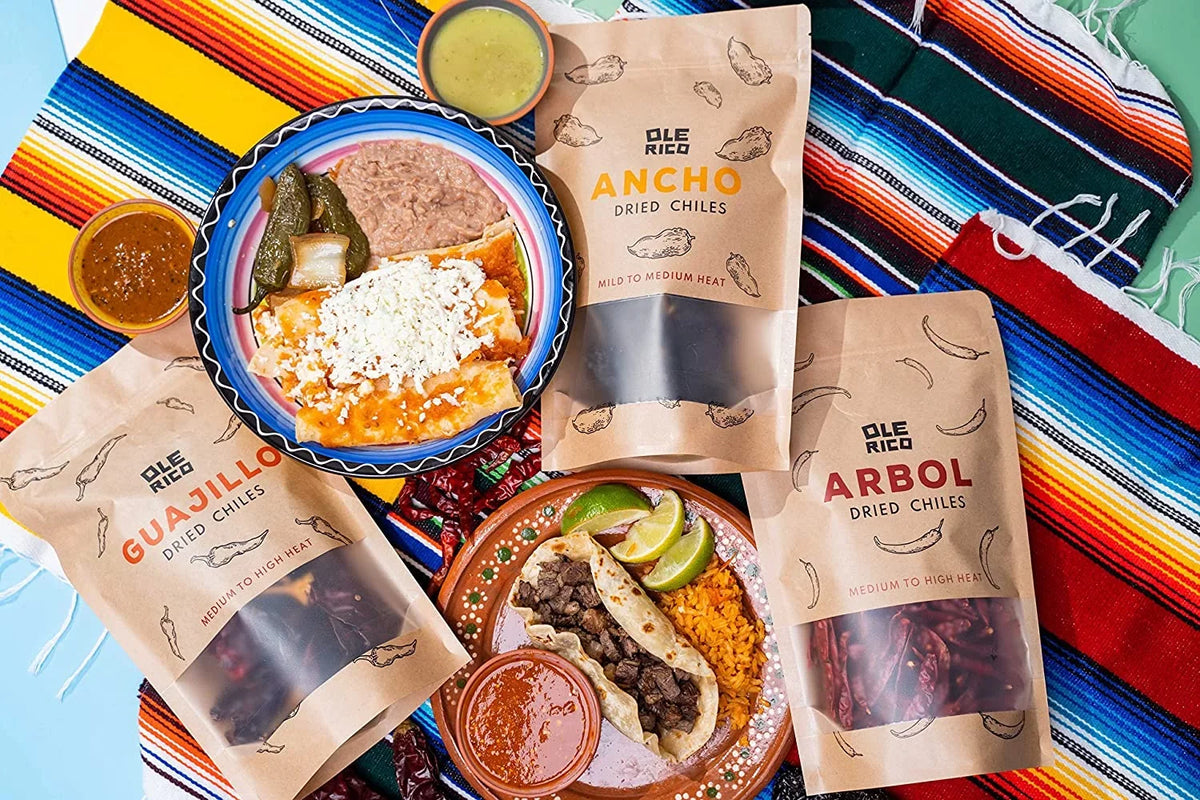 OLÉ  - Dried Chile Peppers 3 Pack Bundle (12 oz Total) - Ancho Chiles, Guajillo Chiles and Arbol Chiles - The Spicy Trio - Great For Mexican Recipes - Packaged In Resealable Bags