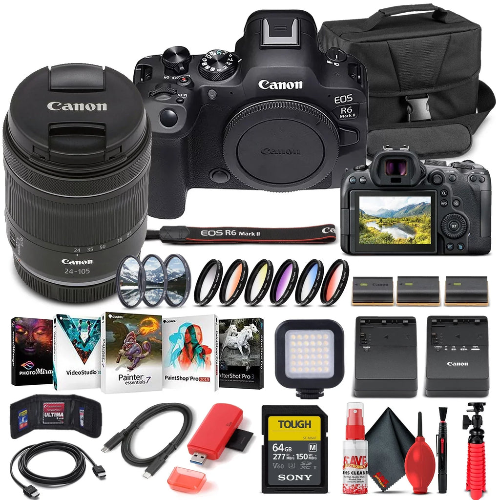 Canon   Mark  Mirrorless Camera with 24-105mm f/4-7.1 Lens (5666C018) + 64GB Memory Card + Case + Corel Photo Software + 2 x  Battery + External Charger + Card Reader +  Light + More
