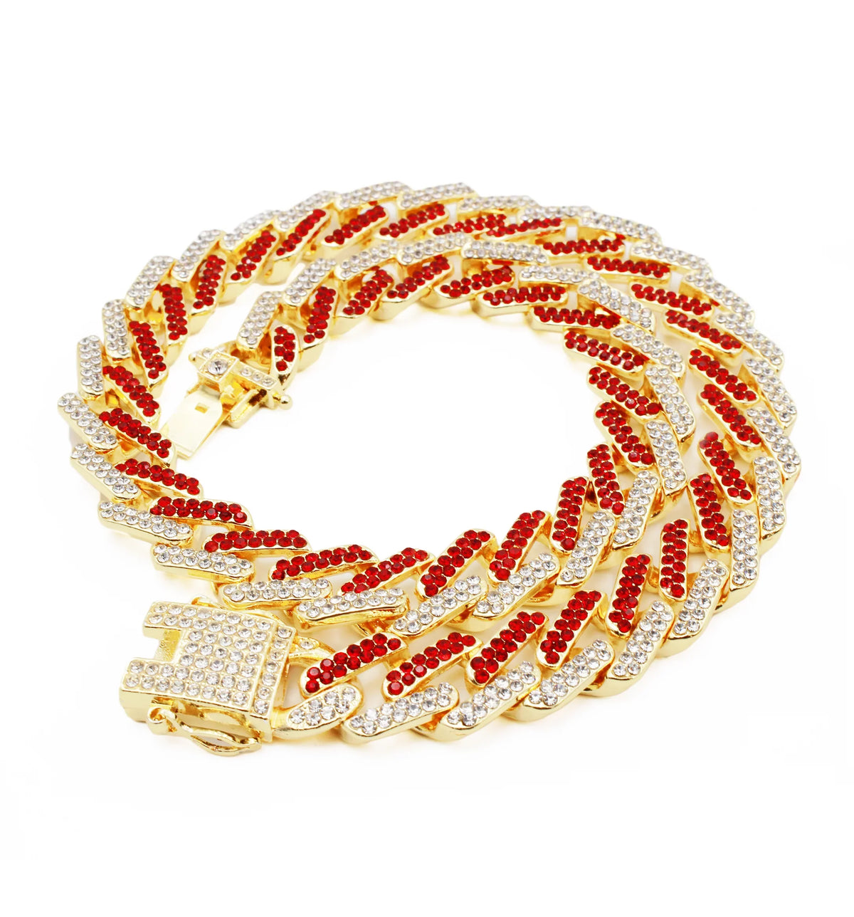 Charles Raymond Ice on Blast! Blinged Out Hip Hop Rolly Looks with Iced Out Wristwatch Trim and Band with Matching Zig Zag Bling'ed Out Necklace Sets -  Necklace Sets - Gold - Red