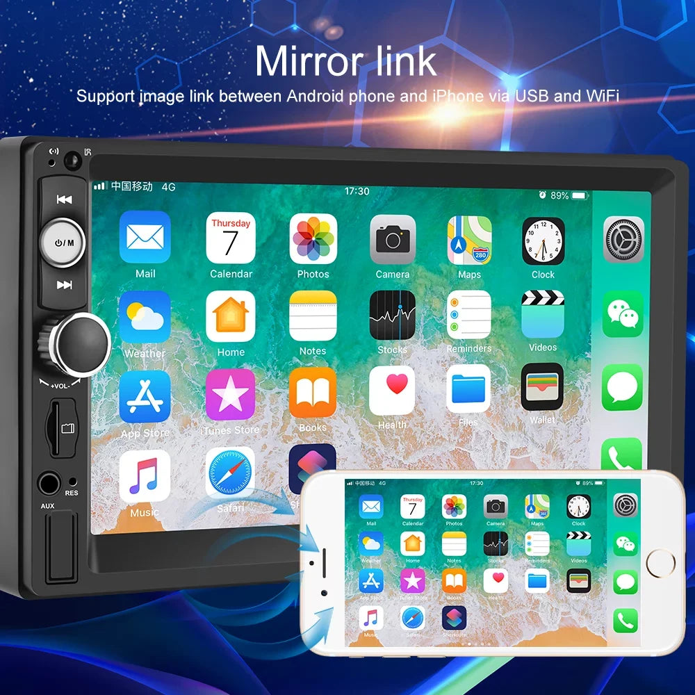 Podofo Double 2 Din 7'' Universal Car Stereo Radio Apple Carplay Android Auto Mirror Link  Touch Screen Car Audio Multimedia Player   Bluetooth  (Rear Camera Not Included)