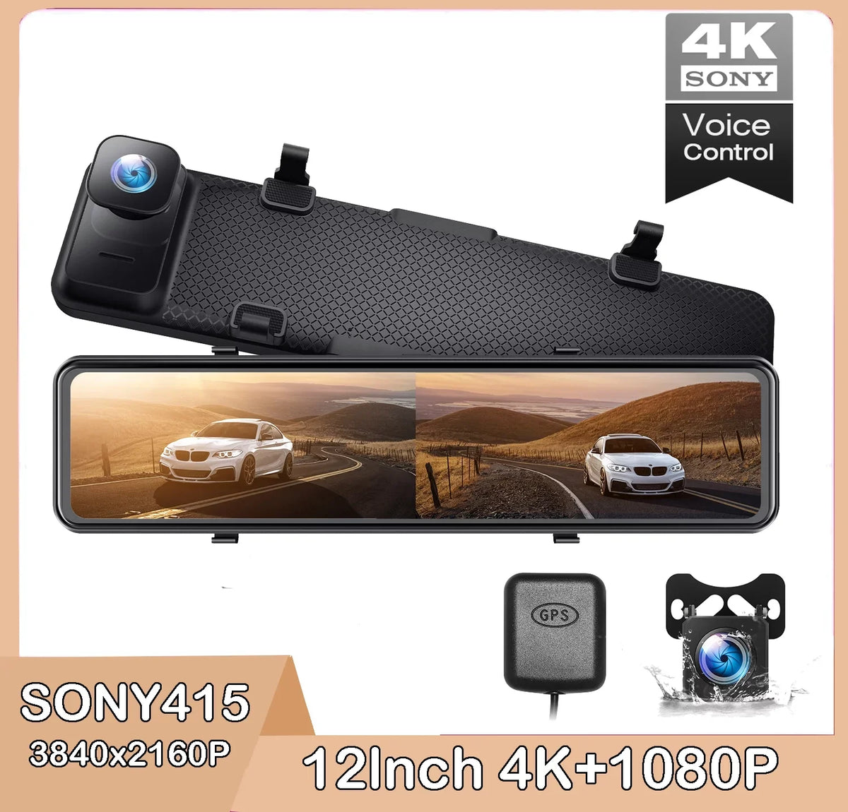 4K Mirror Dash Cam, 12" Touch Screen Sony Sensor Dual Dash Cam, Rear View Mirror Camera, with , Parking Assist, Super Night Vision