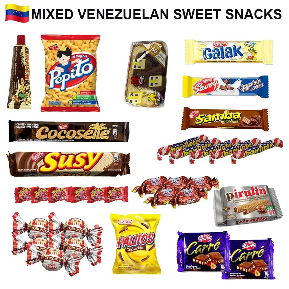 Venezuela Food Sweet Snacks Gift Crate Box Assorted Cookies, Chips & Candies Mix Variety Pack Cocosette Susy Toronto Chocolate