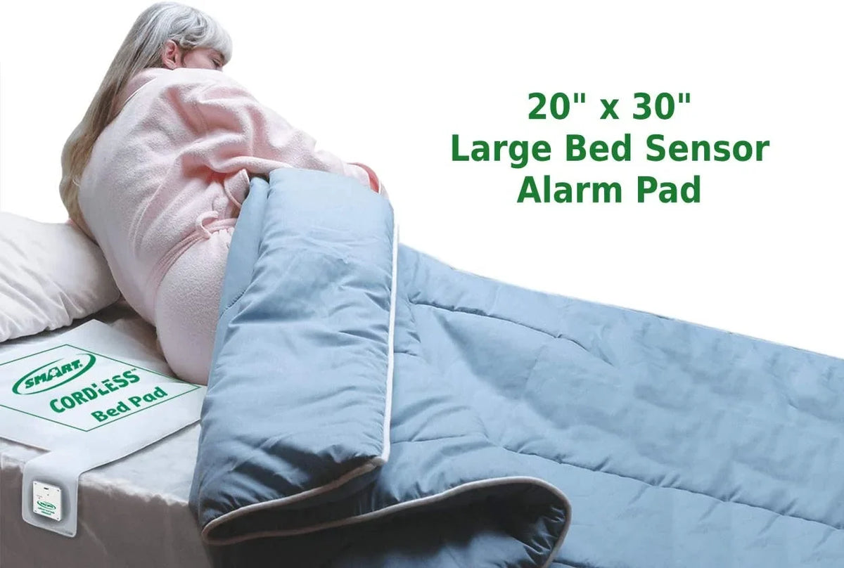 Smart Caregiver Wireless Bed Alarm System - Cordless Bed Alarm Pad (20” x 30”) with Remote Alert Monitor, 20 Individual Cleaning Wipes and Liberty 7 Day Pill Box