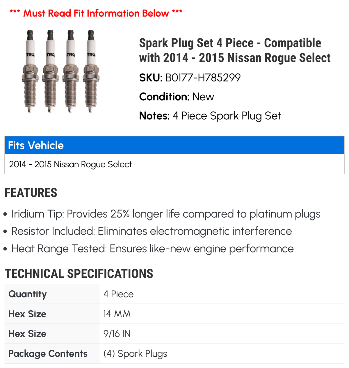 Spark Plug Set 4 Piece - Compatible with 2014 - 2015 Nissan Rogue Select