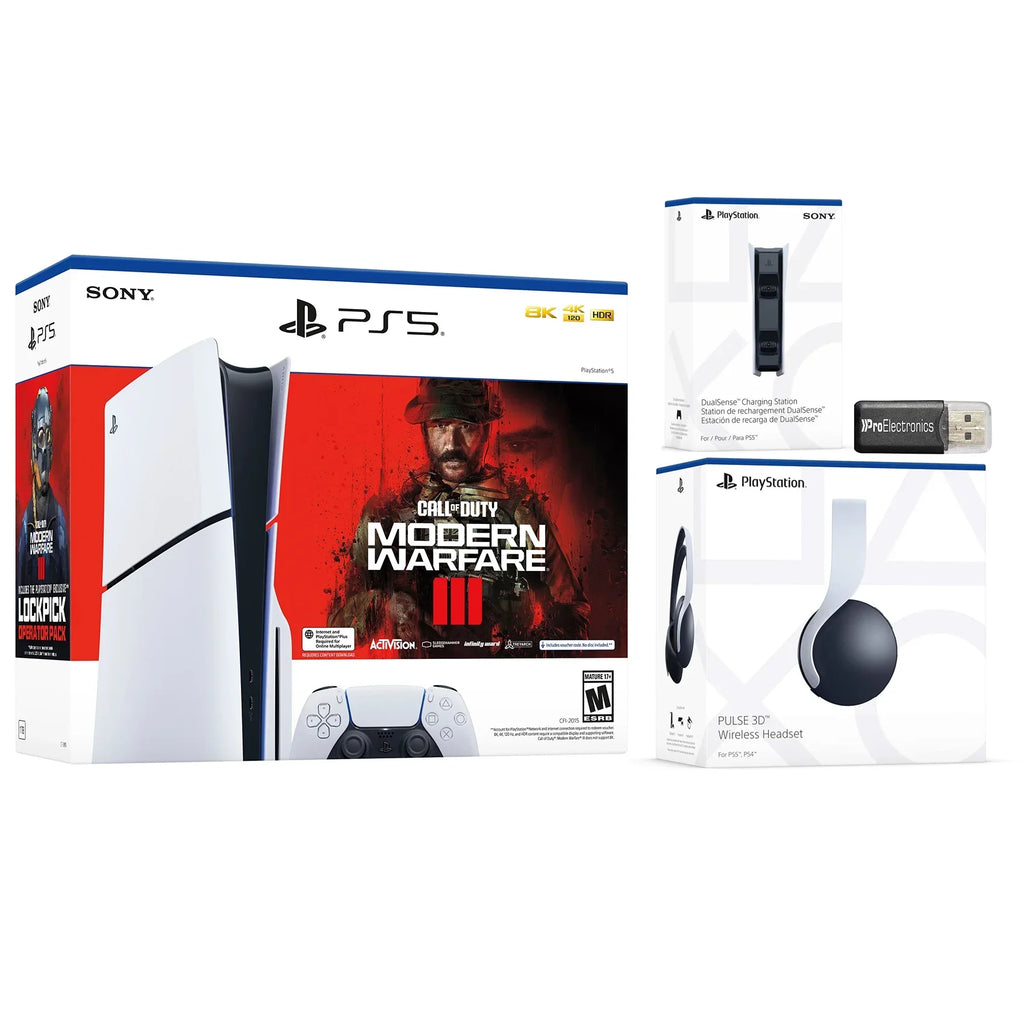 Sony PlayStation 5 Slim Disc Call of Duty Modern Warfare 3 Bundle with Black Pulse 3D Wireless Gaming Headset, Charging Station and  MicroSD Card Reader