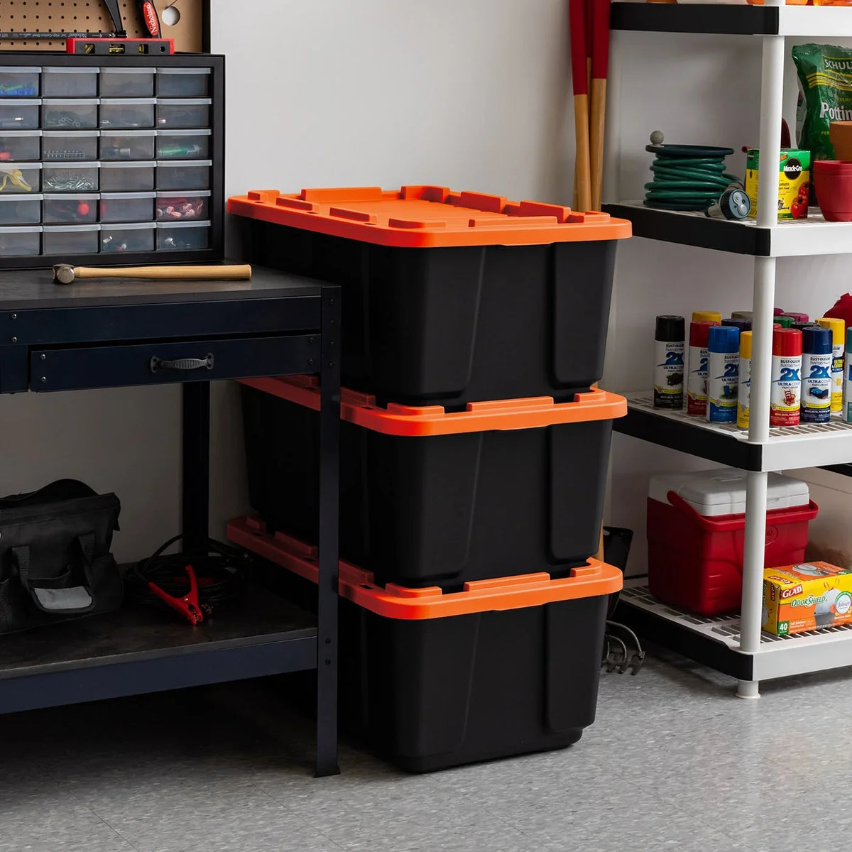 3 Pack 108qt/27gal Heavy Duty Utility Tough Tote, Black with Orange Lid