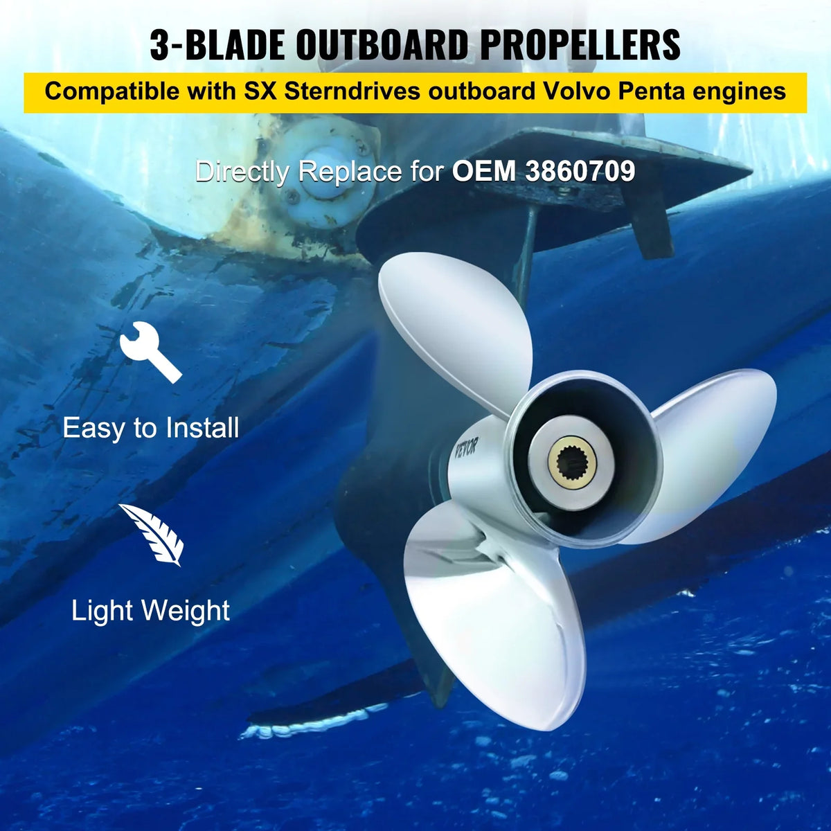 Outboard Propeller, 3-Blade 14.5" x 21" Boat Propeller, Replace for  3860709, Compatible with  Sterndrives Outboard Volvo Penta Engine, Right-handed Steel Propeller Steel & 19 Spline Teeth