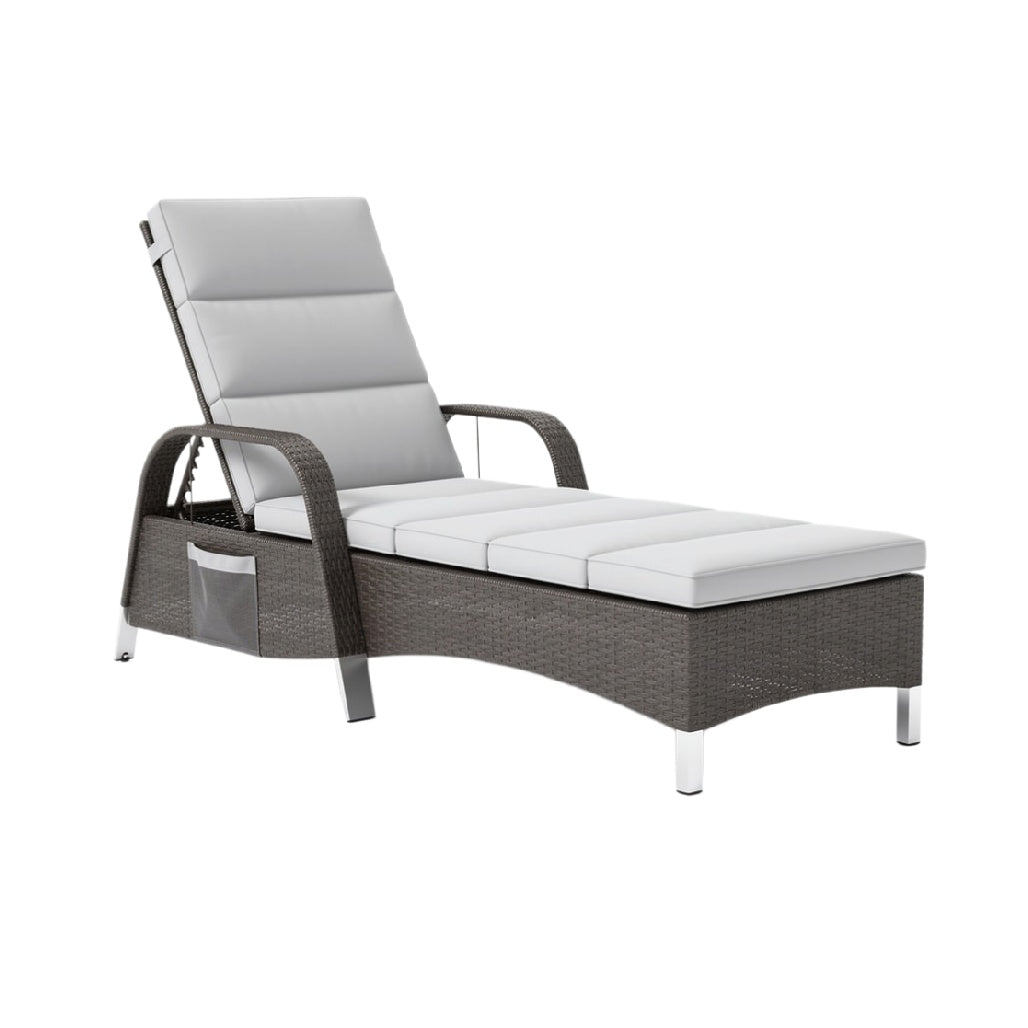 Modern Adjustable Outdoor Lounge Chair with Gray Cushions and Wicker Design