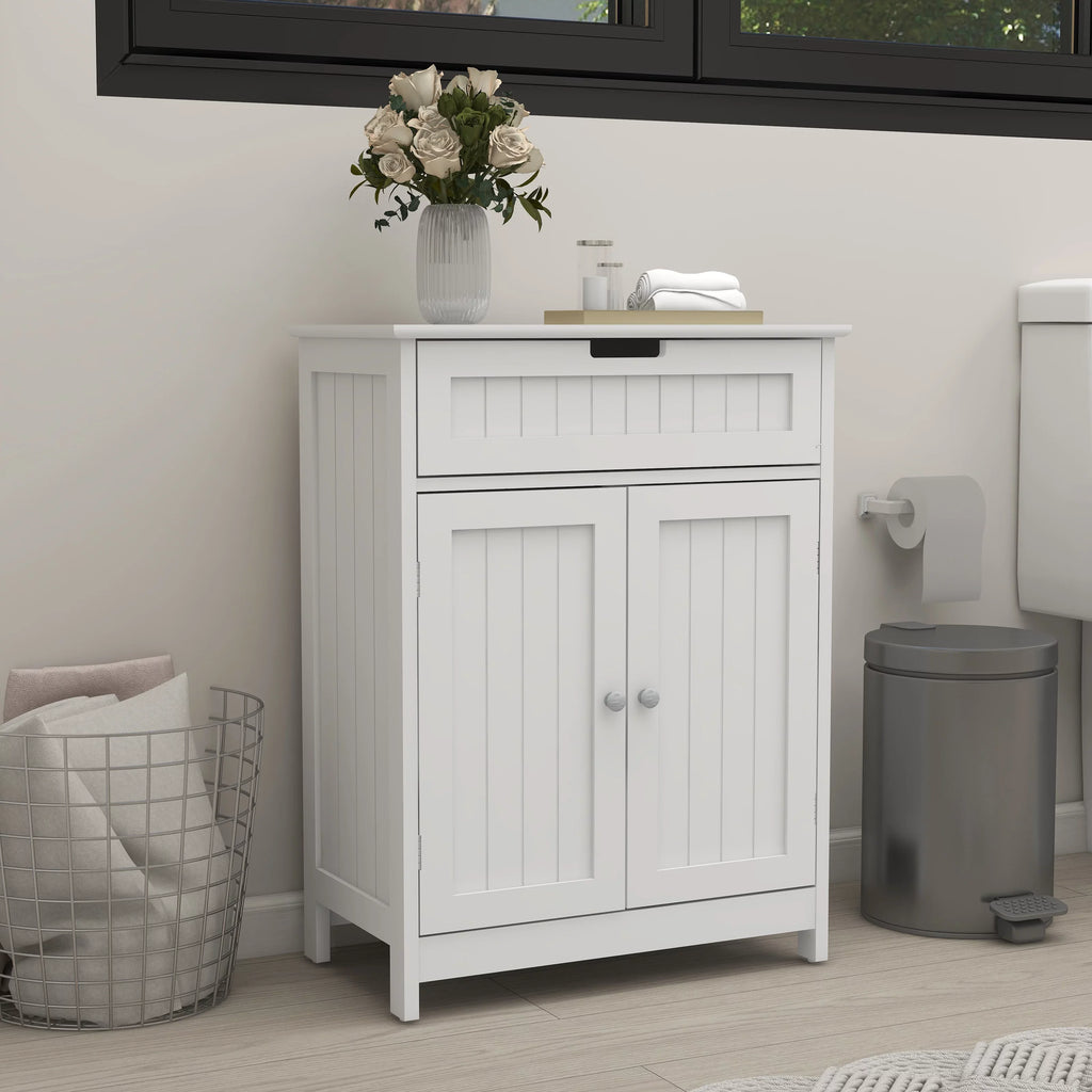 Versatile Bathroom Floor Cabinet in White Freestanding Wood Storage Organizer 2 Doors, 1 Drawer Adjustable Shelf Elegant Design for Bathroom and Living Room.
