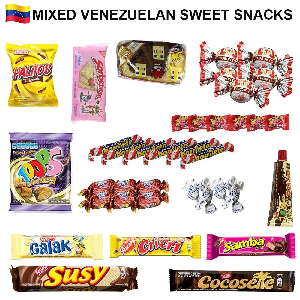 Venezuela Food Sweet Snacks Gift Crate Box Assorted Cookies, Chips & Candies Mix Variety Pack Cocosette Susy Toronto Chocolate