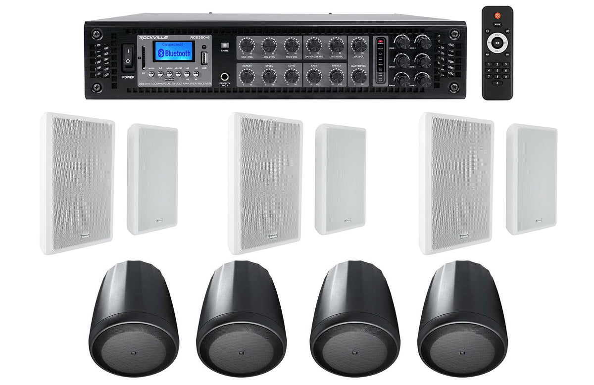 6-Zone Amplifier+4  Pendant+6 Slim White Wall Speakers 4 Restaurant/Bar/Cafe