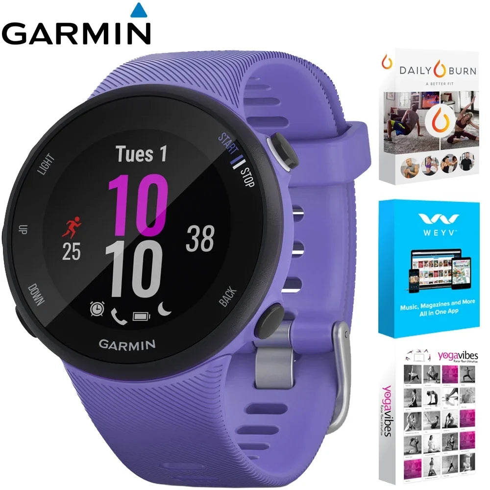 Restored Garmin 010--01 Forerunner 45S  Heart Rate Monitor Running Smartwatch (Iris) - Bundle With Fitness & Wellness Suite (, Yoga Vibes, Daily Burn) (Refurbished)