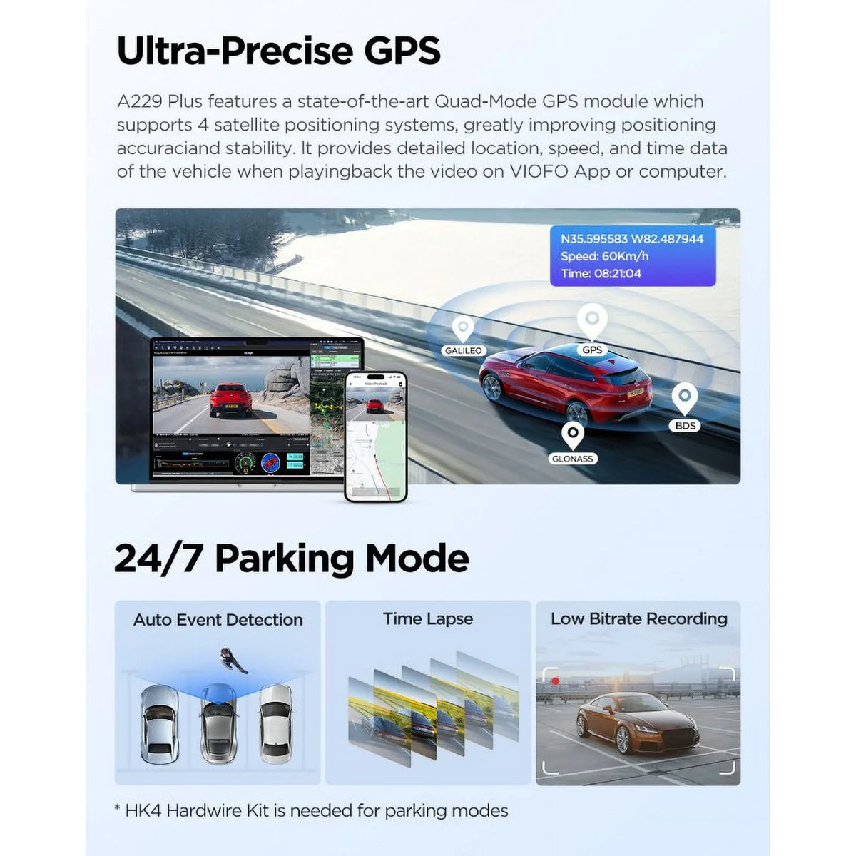 Plus 2K/2K  2-Channel Dash Cam with  2, Voice Control, Wi-Fi, , Parking Mode, Support 512GB Max