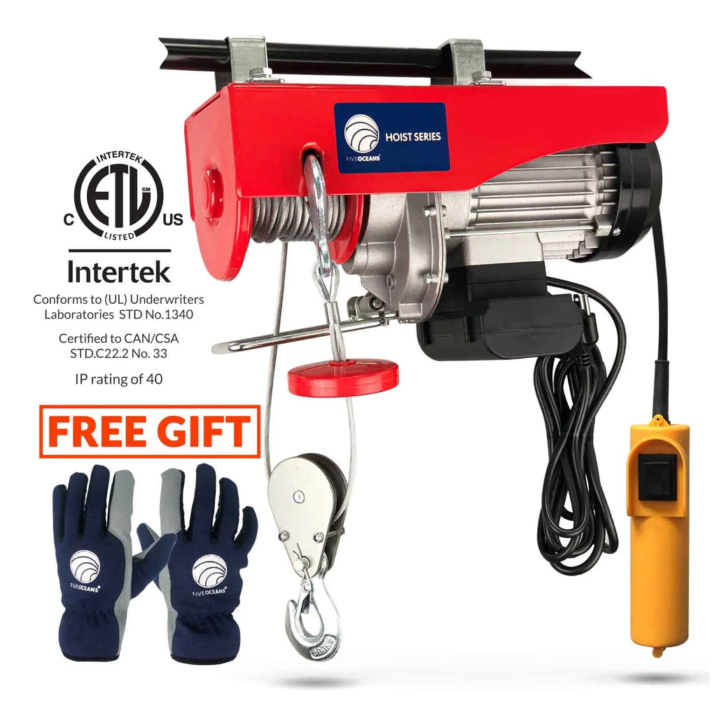 Five Oceans Electric Hoist, Hoist Pulley System, Pulley Hoist, 440 Lb Electric Winch 20FT Remote Control 120 , Includes Working Gloves for Garage, Factory Lifting Emergency Stop Button - -