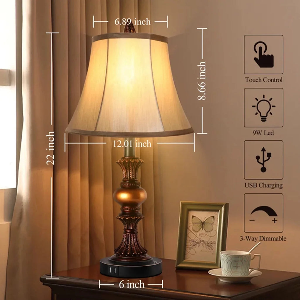 Nictiv Set of 2 Table Lamps, Bedroom Bedside Lamp with 4  Port Touch Control 3-Way Dimmable Nightstand Lamp Traditional Wooden Lamp Sets with 2 Free  Bulbs