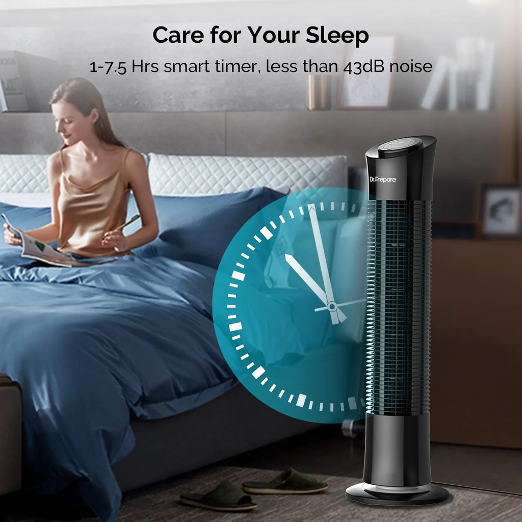 Dr. Prepare 30’’ Oscillation Tower Fan，Portable Stand Floor Fans w/Remote/3 Speeds/7.5h Timer for Home/Office