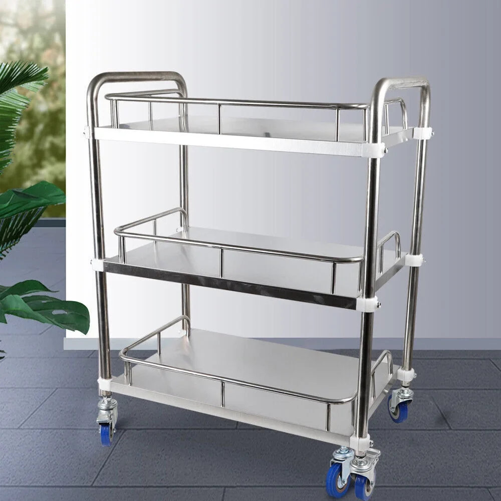 3 Layers Shelves Shelf Household Utility Cart Lab Mobile Rolling Serving Trolley Cart Stainless Steel Multifunction Storage Cart with Silent Locking Wheels for Hotel Restaurant Home Use Silver