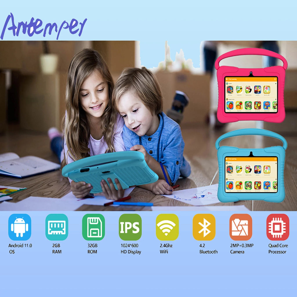 Antemper Kids Tablet,7 inch Tablet,32GB  Storage,Kids Learning Tablet,Toddler Android 11 Tablet with Bluetooth,Wifi,Parental Control,Dual Camera,Google Play,Youtube Netflix Hulu,Blue