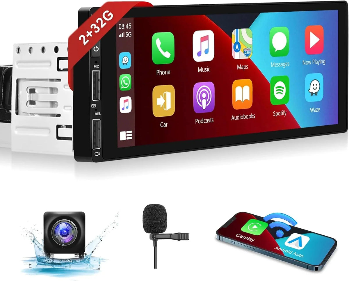 2G+32G Android Single Din Wireless Carplay Car Stereo Android Auto podofo 6.86 inch  Touch Screen Bluetooth Car Radio in Dash  Head Unit with Backup Camera WiFi Subwoofer HiFi Audio