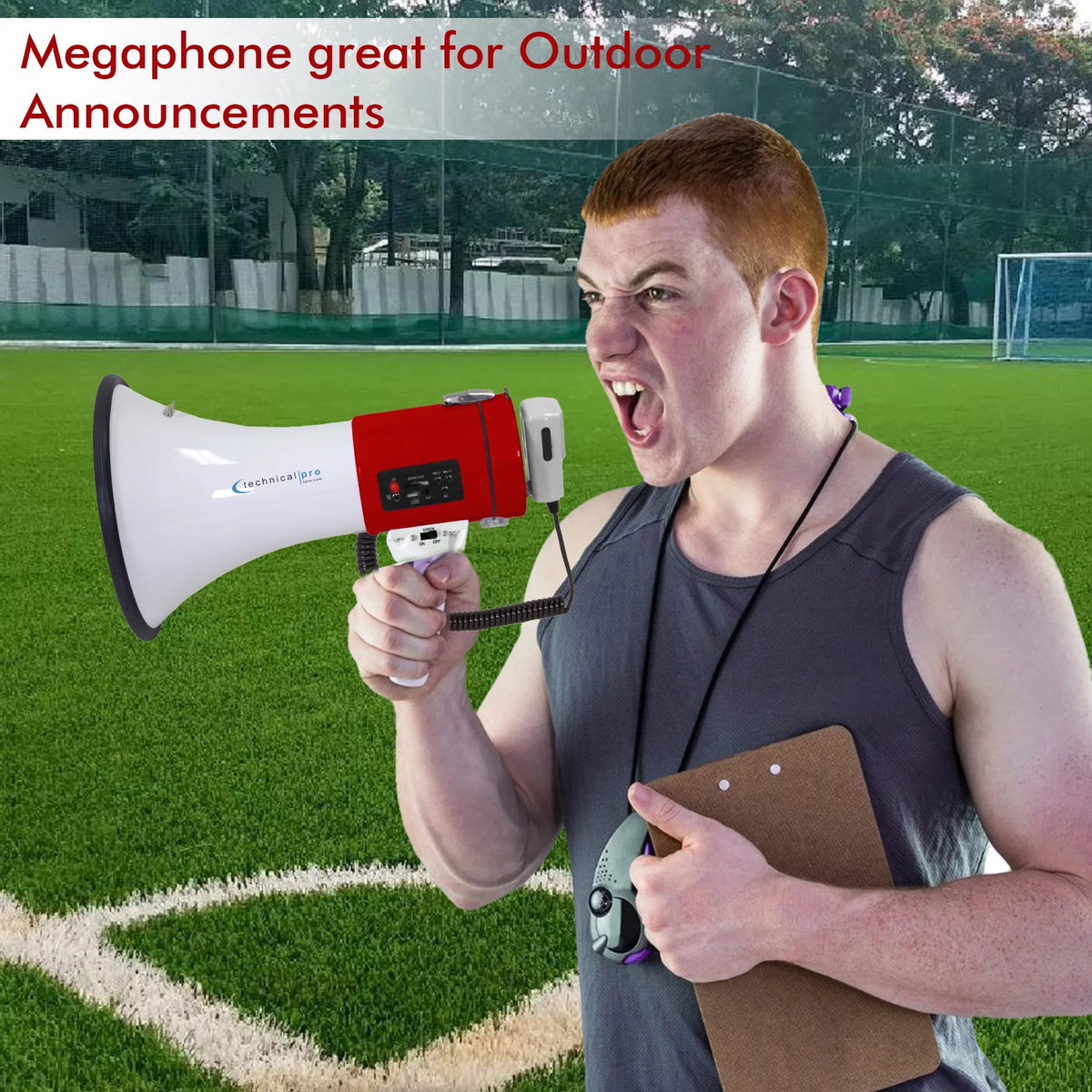 Technical Pro Red Megaphone 75-Watt Siren Bullhorn - Bullhorn Speaker w/Detachable Microphone, Portable Lightweight Strap Detachable  - Professional Outdoor Voice for Police And Cheer leading