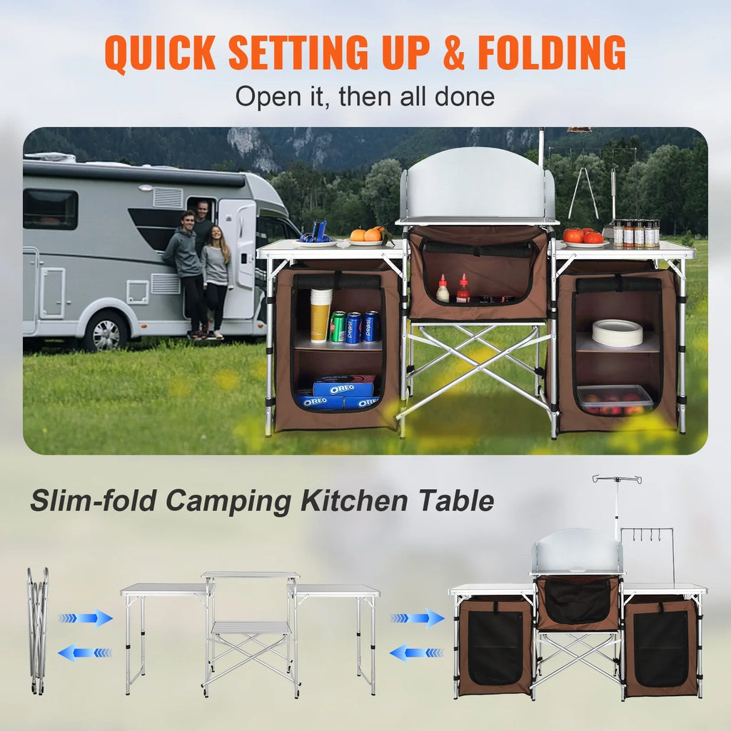 Folding Portable Cook Table 3 Cupboards Brown Camping Kitchen Table