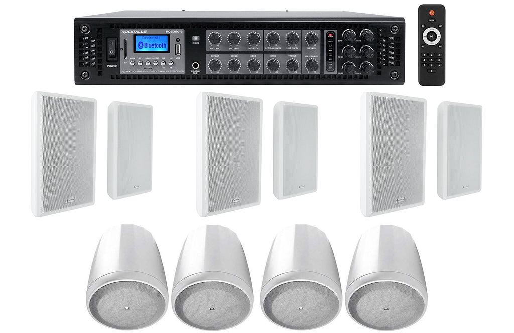 6-Zone Amp+4  White Pendant+6 Slim White Wall Speakers 4 Restaurant/Bar/Cafe